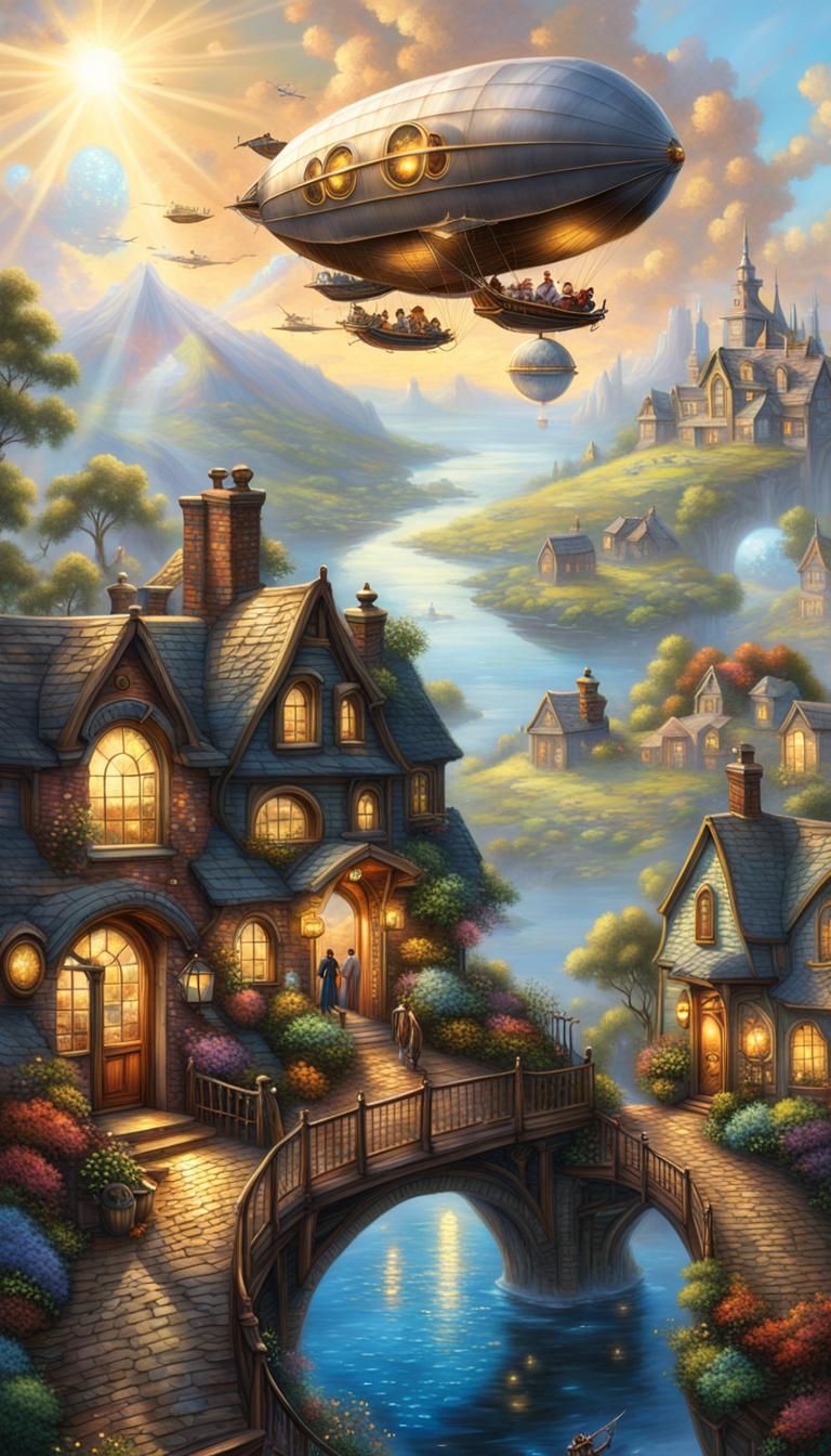Steampunk airship flying over a Fantasy landscape portholes ...