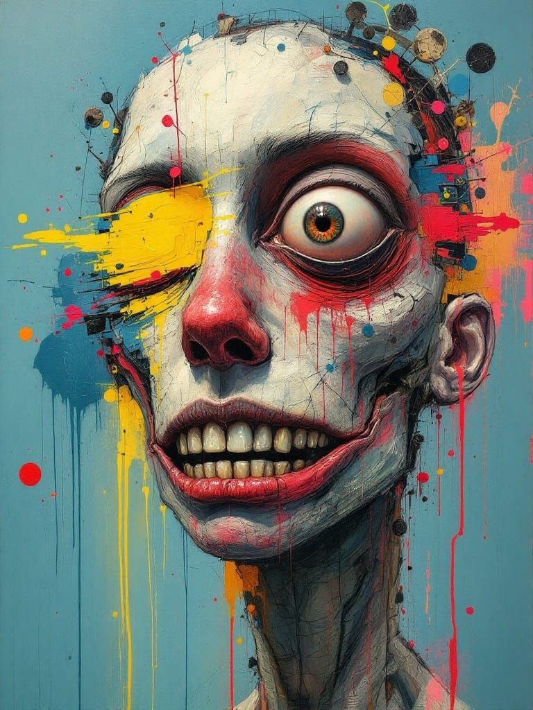 Distorted Humanoid Figure in Muted Blue Background