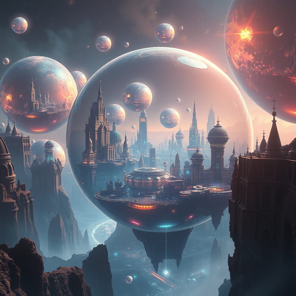 Alien world with city's in bubbles  by @ISPI AI Art