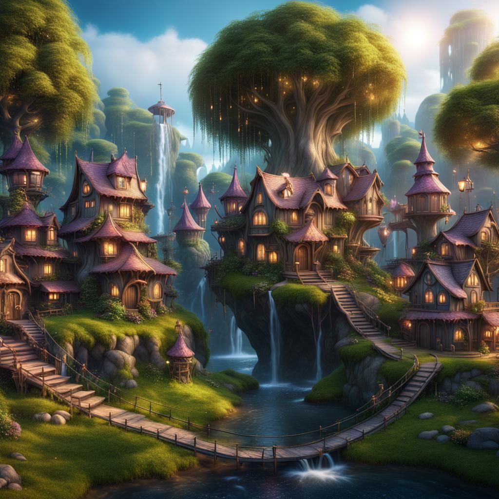 Fairy town with metal homes magical trees and grass sparkles...