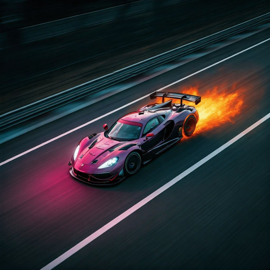 A race car speeding down a track in the middle of a race, the road beneath it seemingly erased by its sheer velocity. The image is captured ...