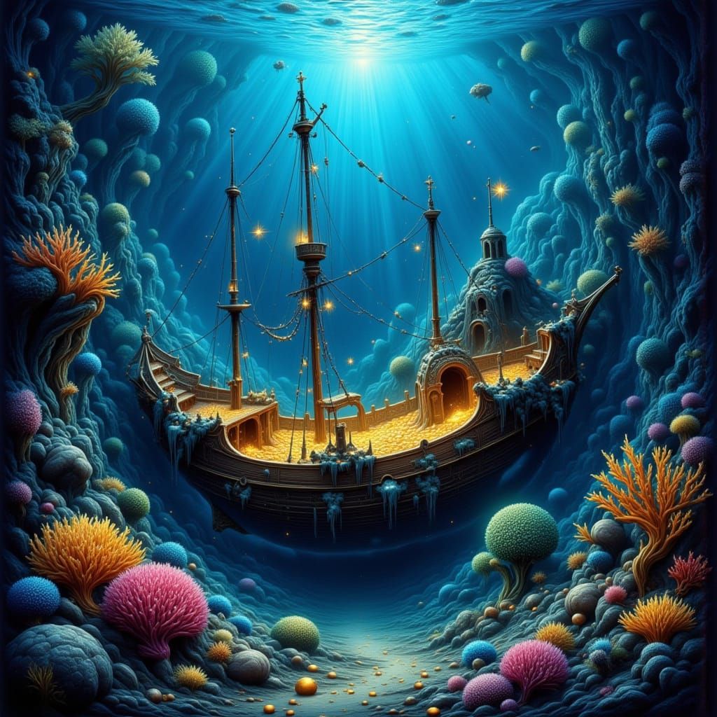 Sunken Treasure Ship in Surreal Underwater Realm