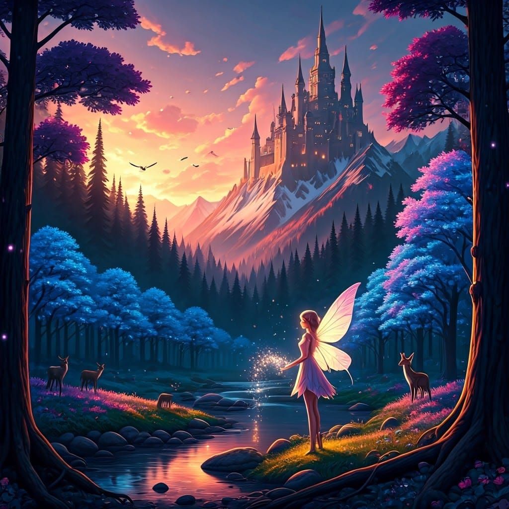 Whimsical Fantasy Scene with Delicate Fairy and Majestic Mou...