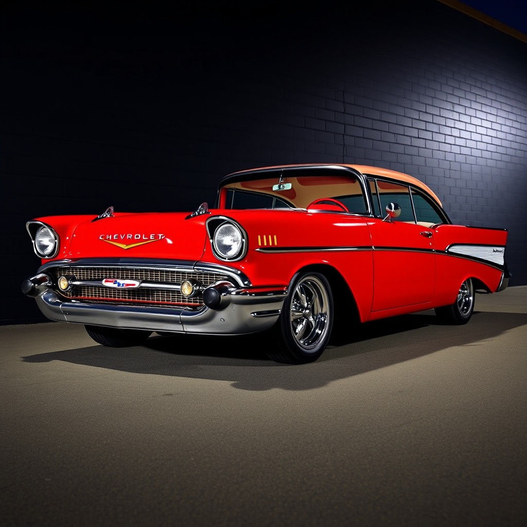 a red 1957 Chevrolet Bel Aire against a black wall