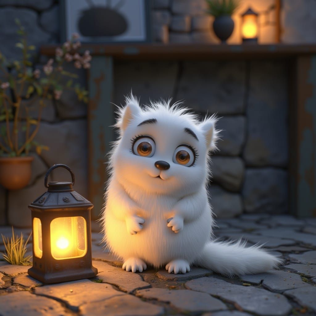  <lora:MJ6 Cuties:1.0> 3D render of a cute, white, furry creature with big eyes sitting on the street, illuminated by the soft light from a ...