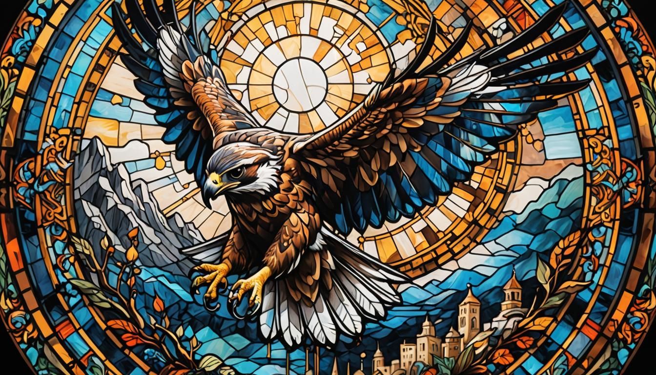 A stained glass depicting a falcon that dives against its prey.  by @Jachob Ehrmann