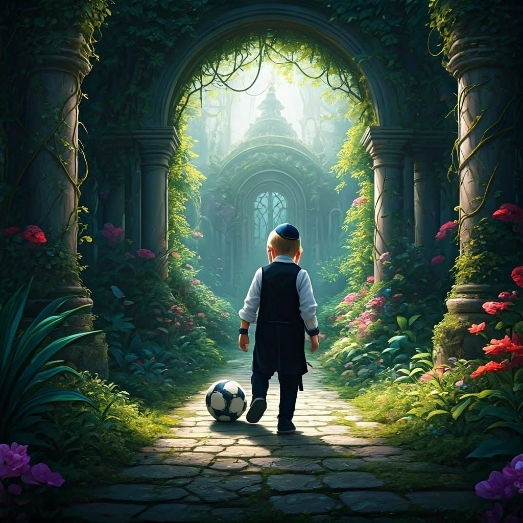 Orthodox Boy Kicks Soccer Ball in Vibrant, Mystical Garden