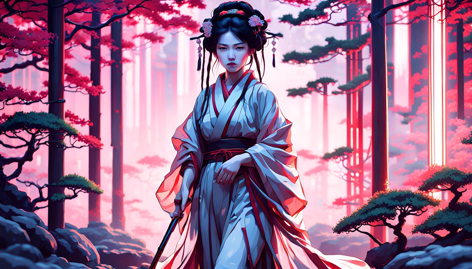 Japanese warrior geisha girl in a japanese garden   by @tom hardy jr