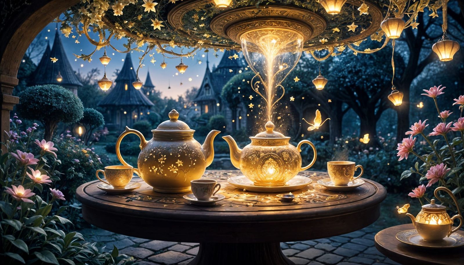Magical Teapot Floating in Enchanted Twilight