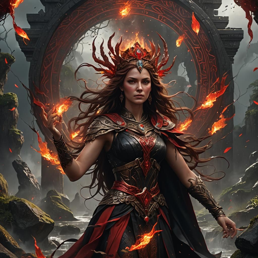 rebecca as a goddess of the elements wearing black and red w...