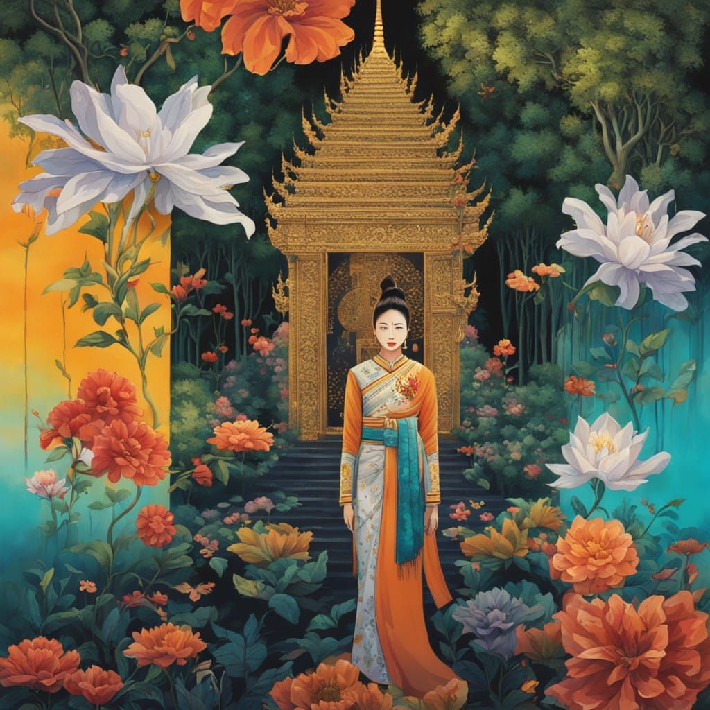 Surreal Thai Goddess Surrounded by Lush Temple Garden