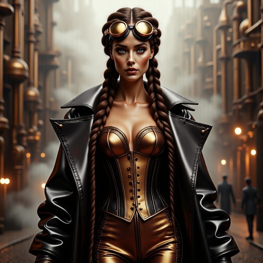 <lora:Metallica:1.0>A gorgeous woman wearing a Steampunk suit in metallic texture with a gorgeous steampunk background