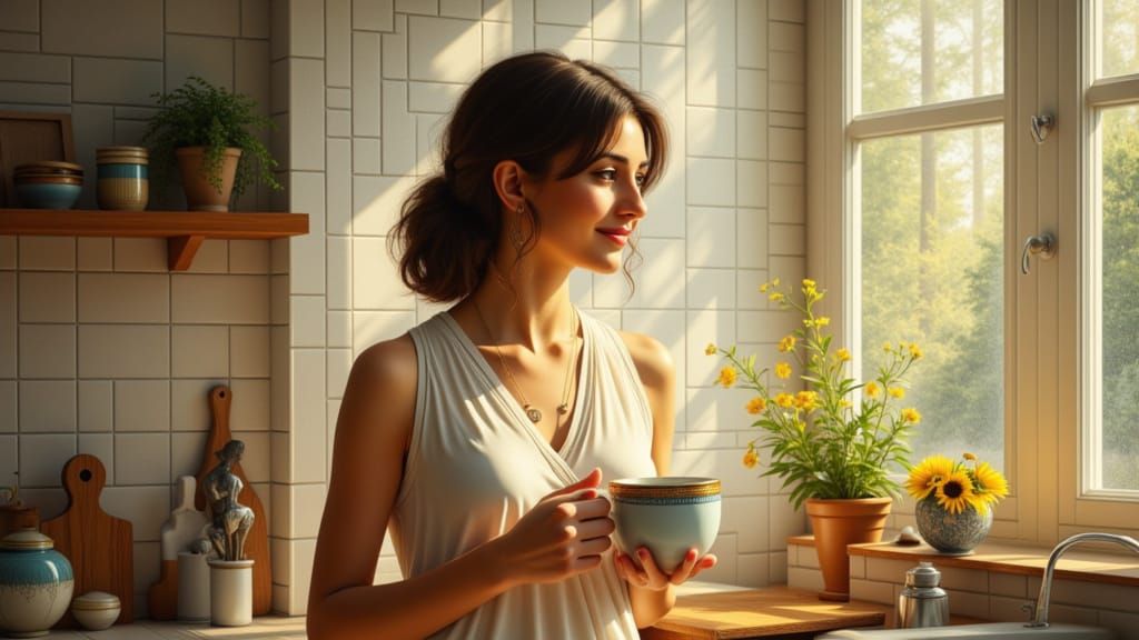 Woman in Sunlit Kitchen, Vibrant Textured Fusion Art