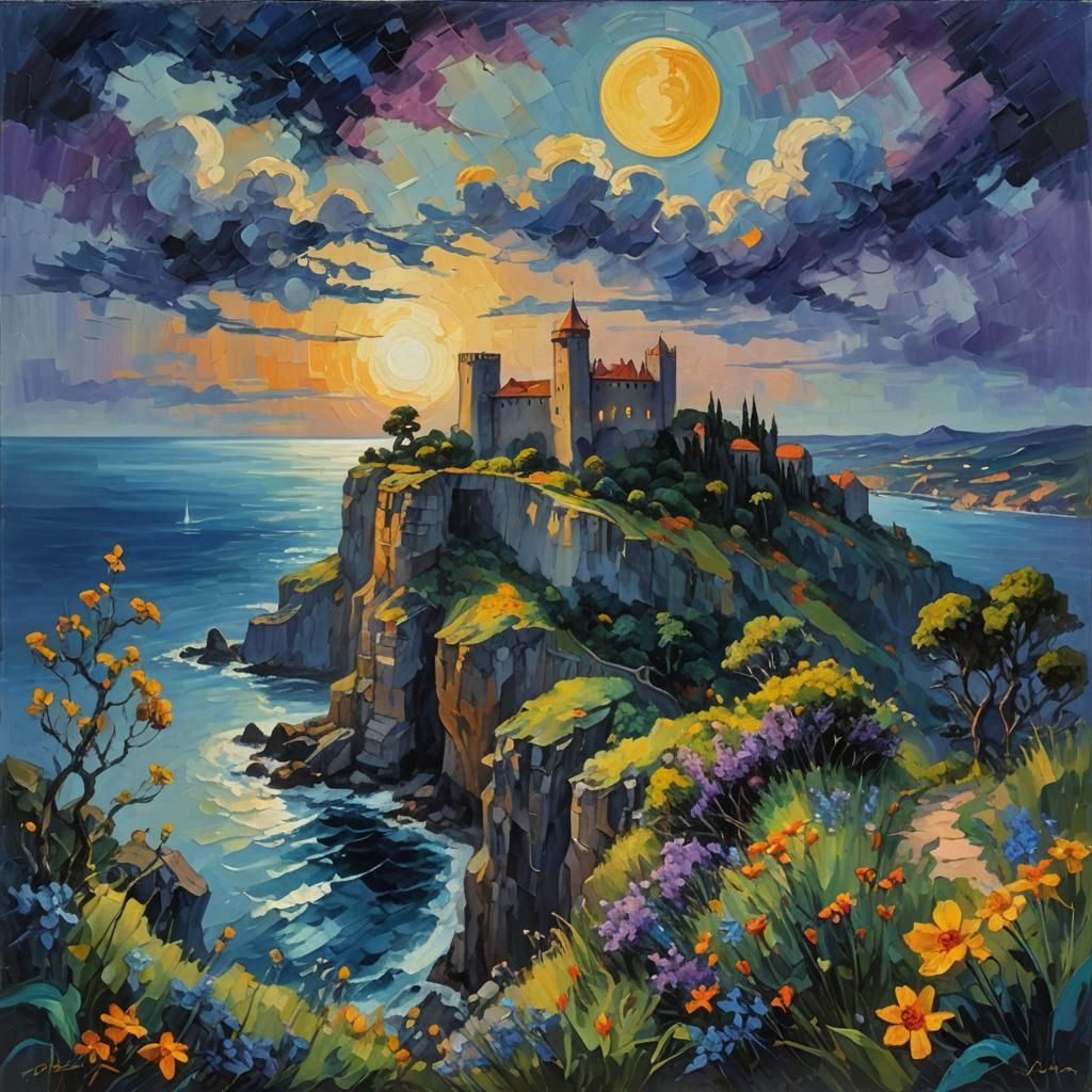 Neo-Impressionist Fortress with Giant Moon