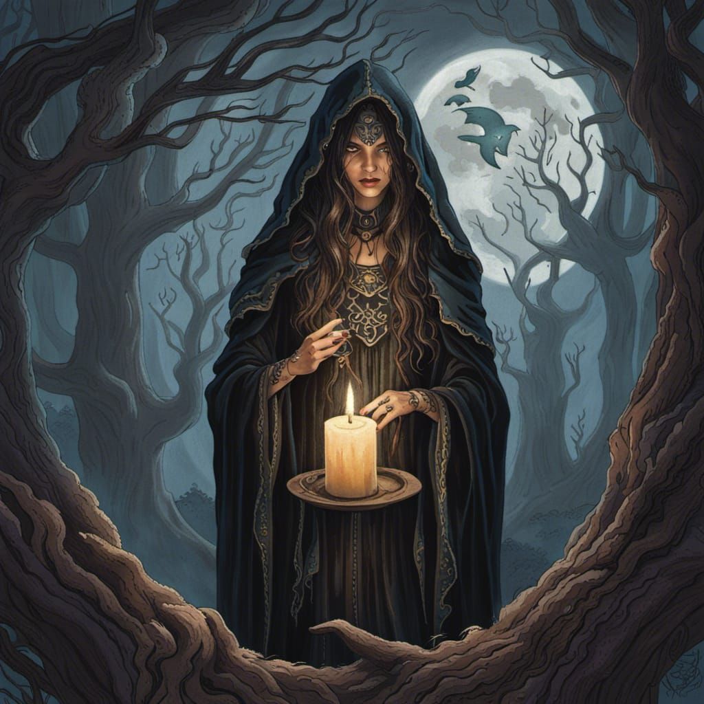 a mysterious forest sorceress holding a candle standing around a full ...