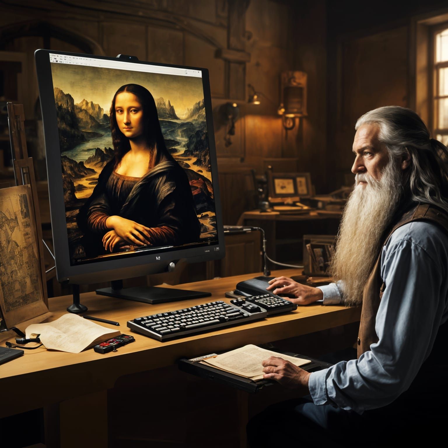 Leonardo da Vinci designing the Mona Lisa with his computer