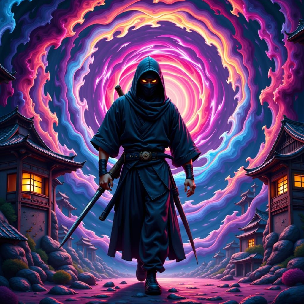 Ninja warrior, dressed in traditional black attire, mask covering face, sneaking through Japanese village at dusk, inspired by the styles of...