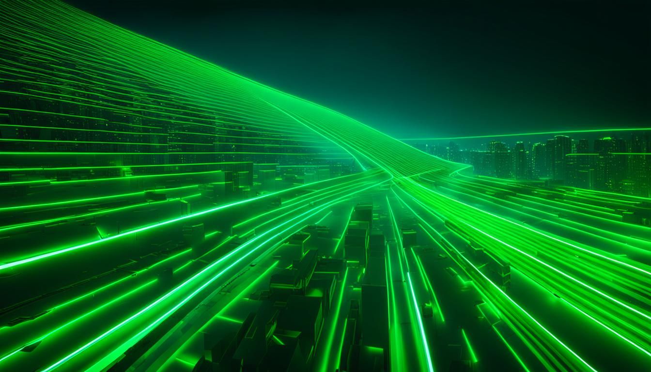 3d render. Abstract background of green neon lines sliding d...