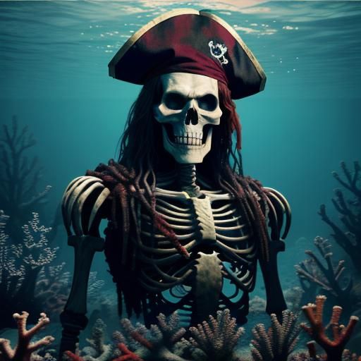 pirate zombie skeleton, underwater coral cliffs Cinematic fi...