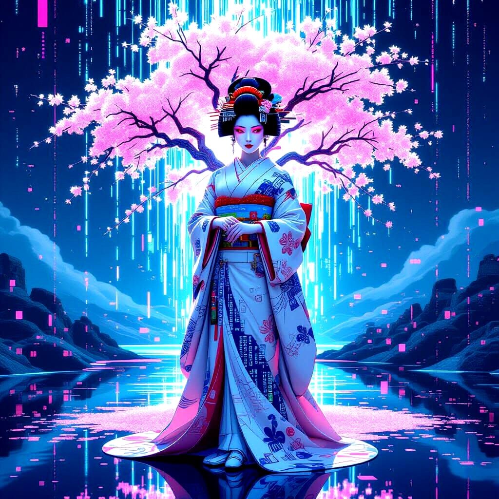 A digital geisha with a flowing kimono of binary code stands before a shimmering holographic cherry blossom tree, her eyes radiating an othe...