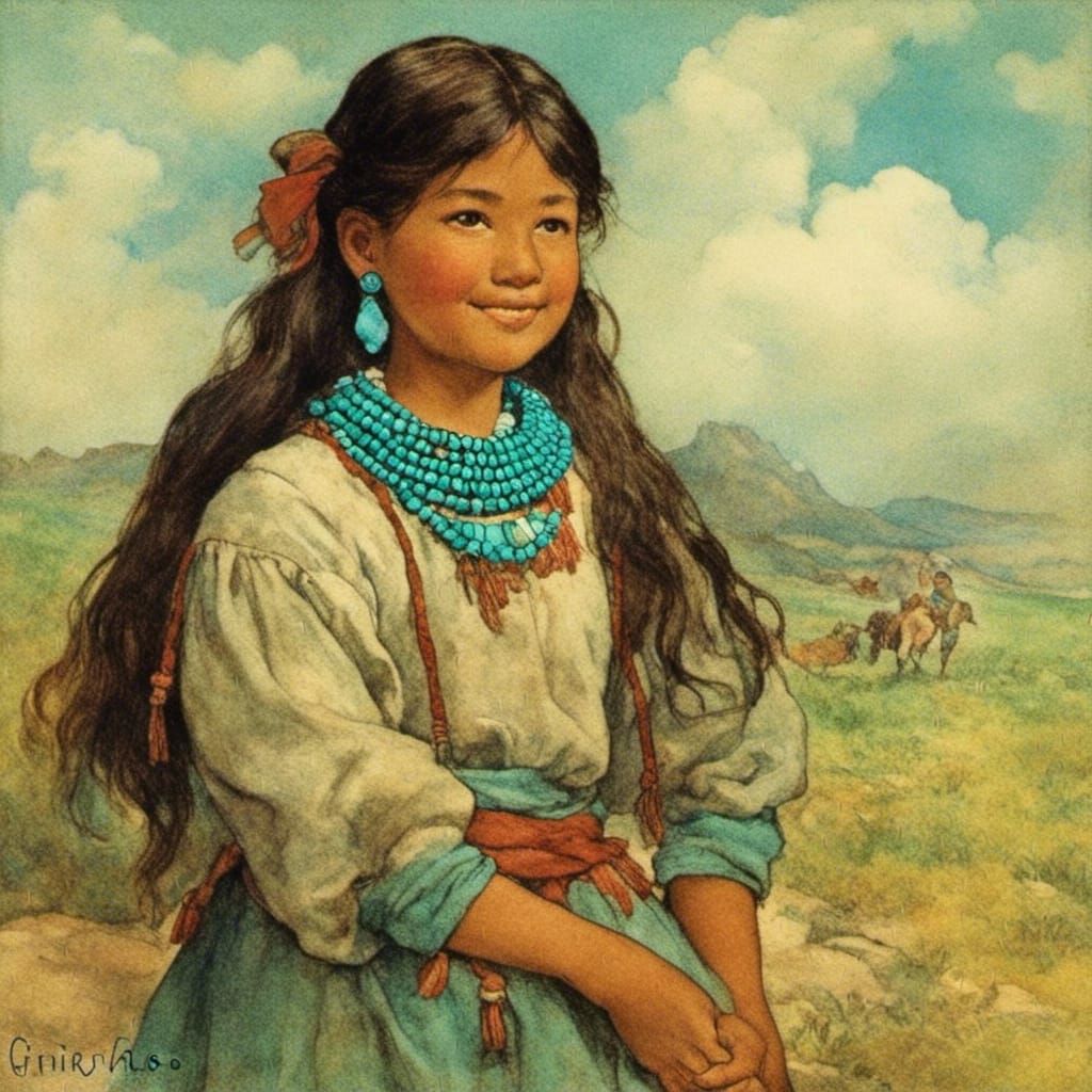 Cheerful Navajo girl wearing a turquoise necklace