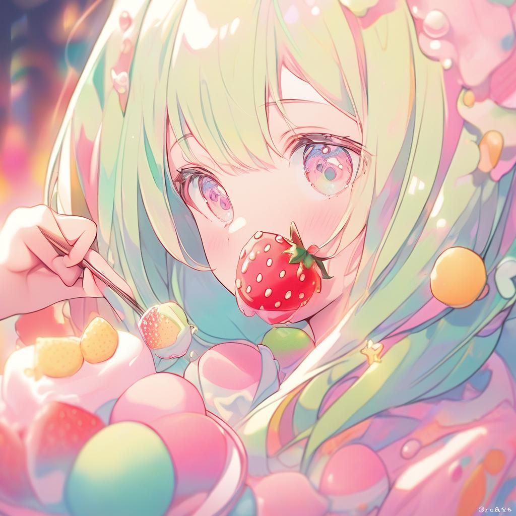 Kawaii Anime Girl with Strawberry Mochi