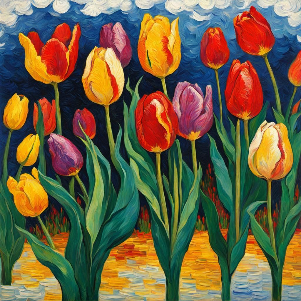 Tulips in the style of Van Gogh, by Claude Monet. Heavy impasto art ...