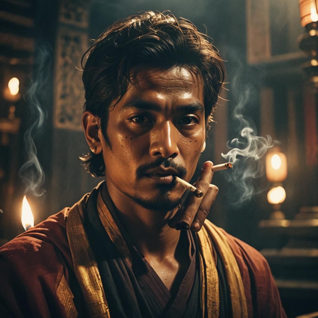 Siddhartha Smoking Blunt in Temple: Cinematic Still