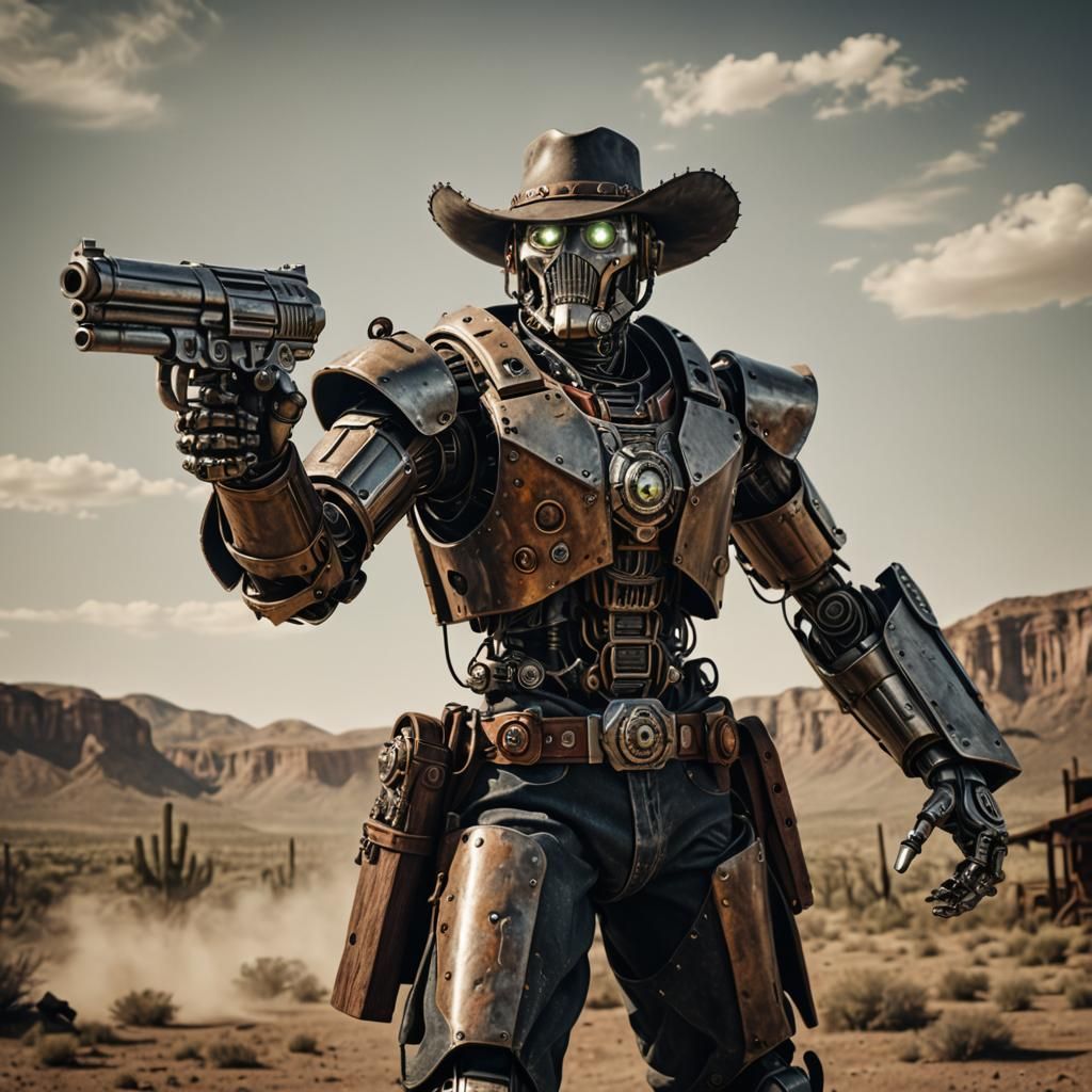 Hyperrealistic Robot Gunslinger in Wild West