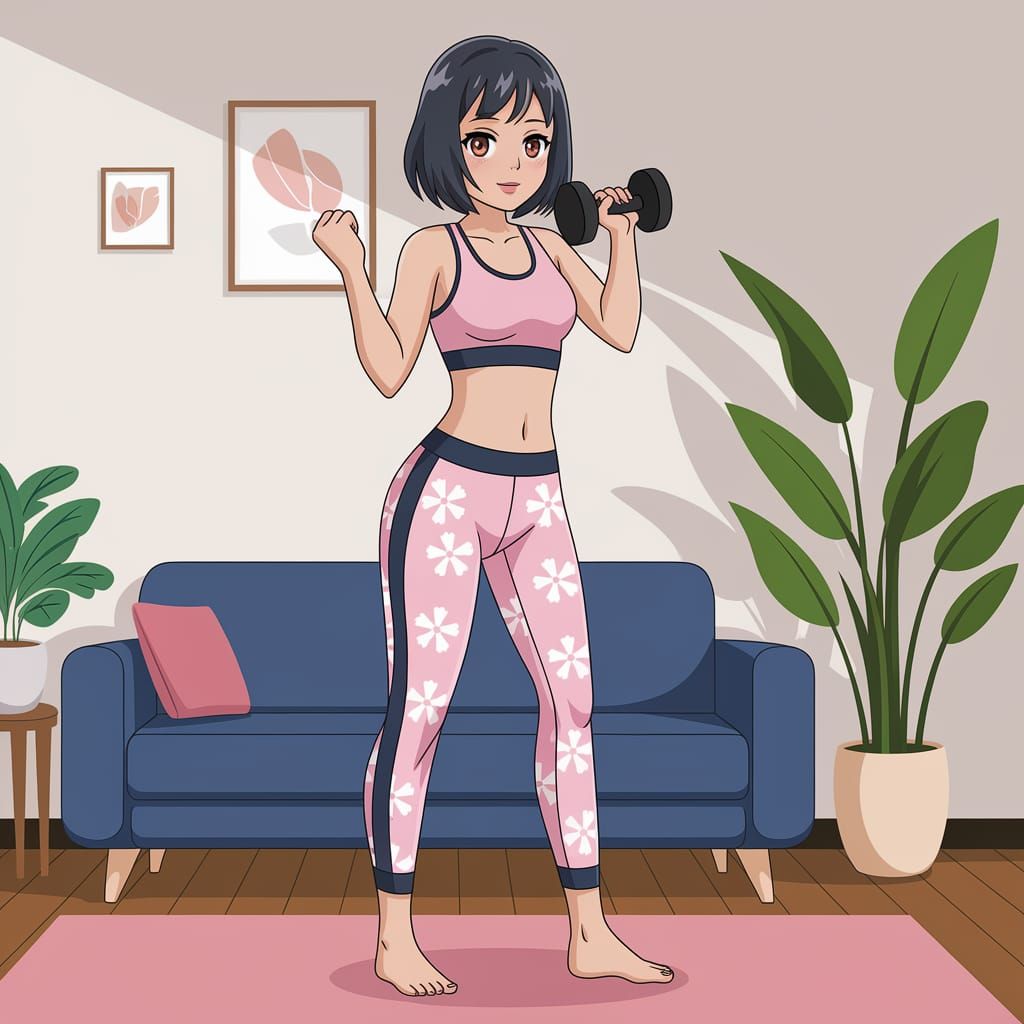 Anime Woman Exercising with Dumbbell at Home