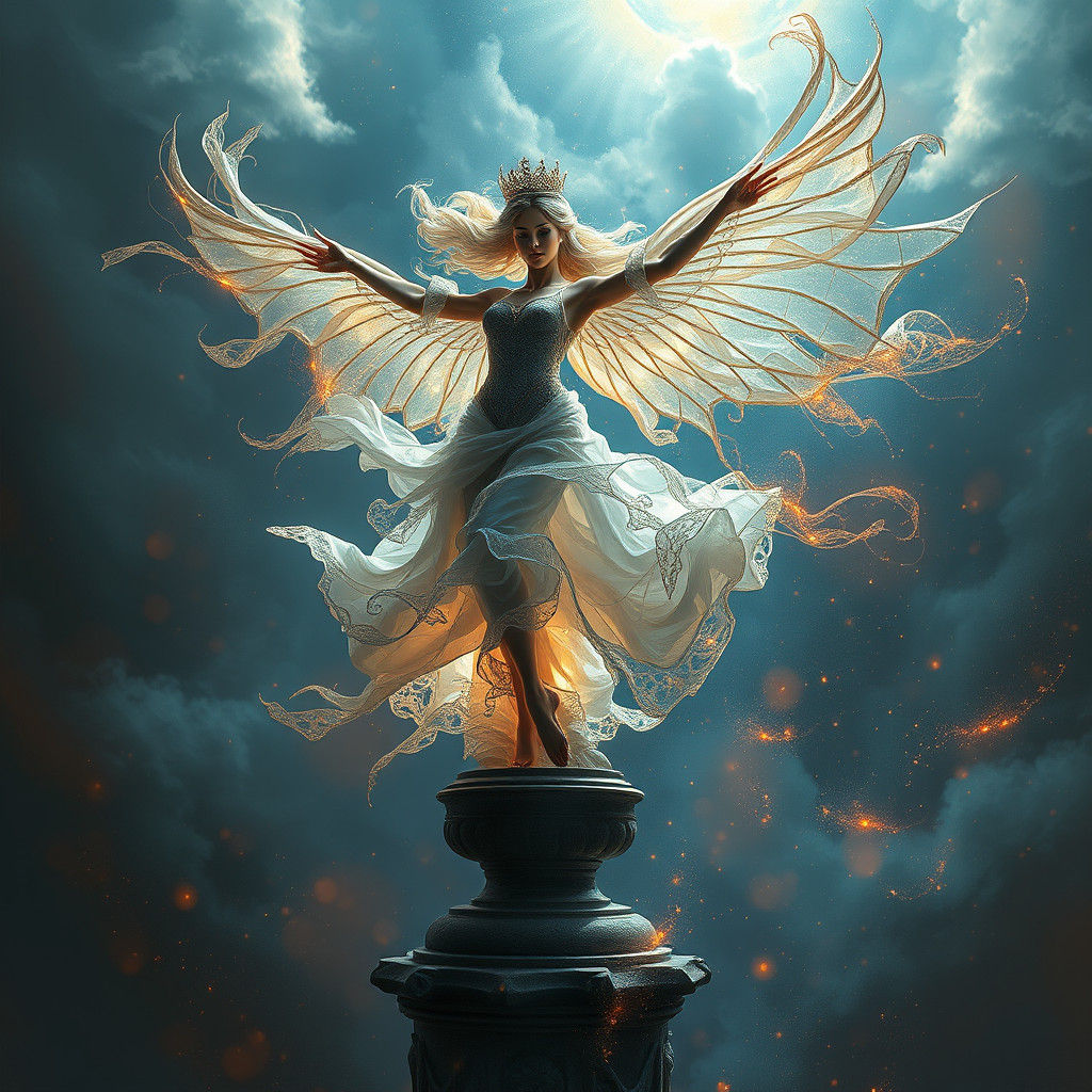 Enigmatic phantasmrealm stunningly beautiful windy wild free dancer on point audaciously extreme realism balanced on a pedestal living statu...