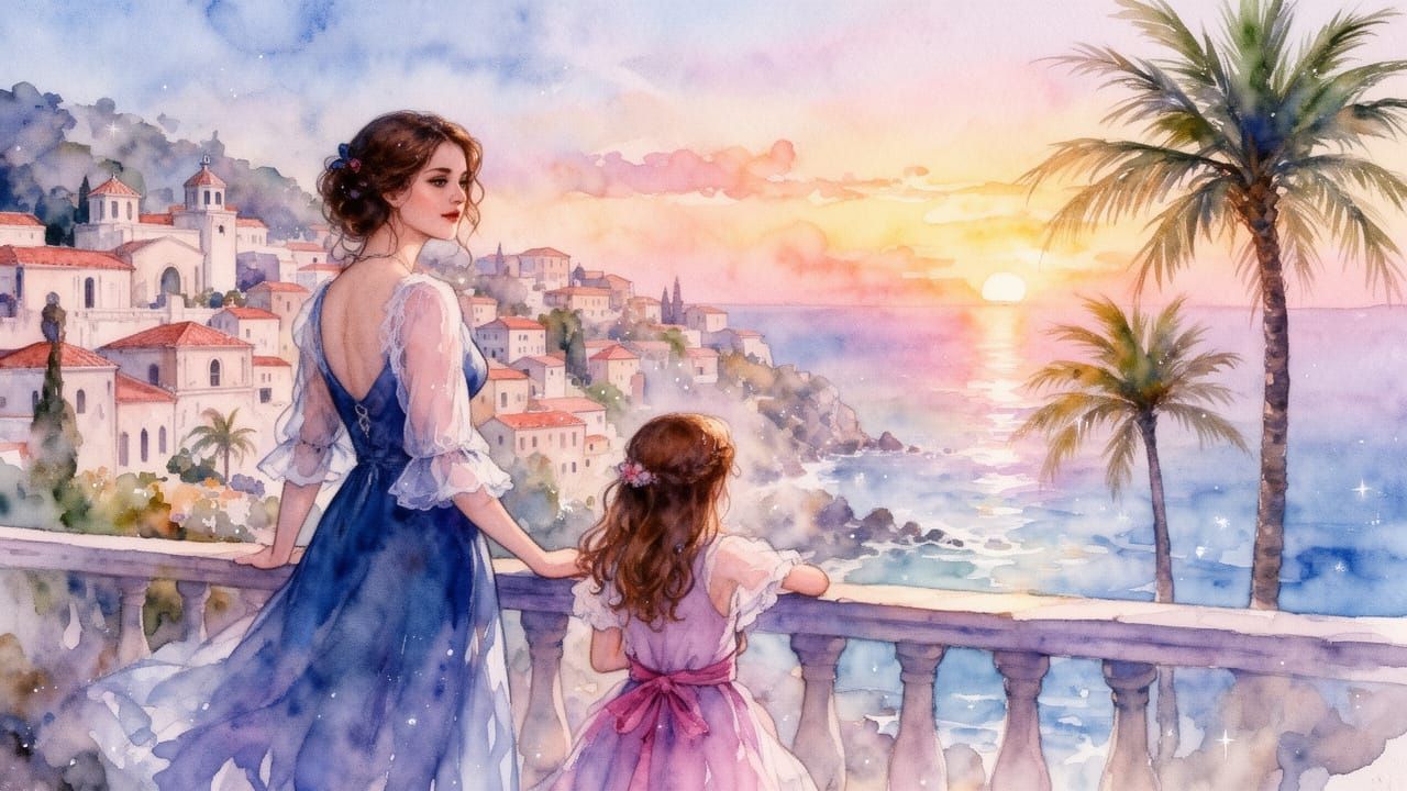 inkpunk watercolor wash, a stunning woman and a young girl stand against the railing looking out at a ...  by @Niels Carlsen
