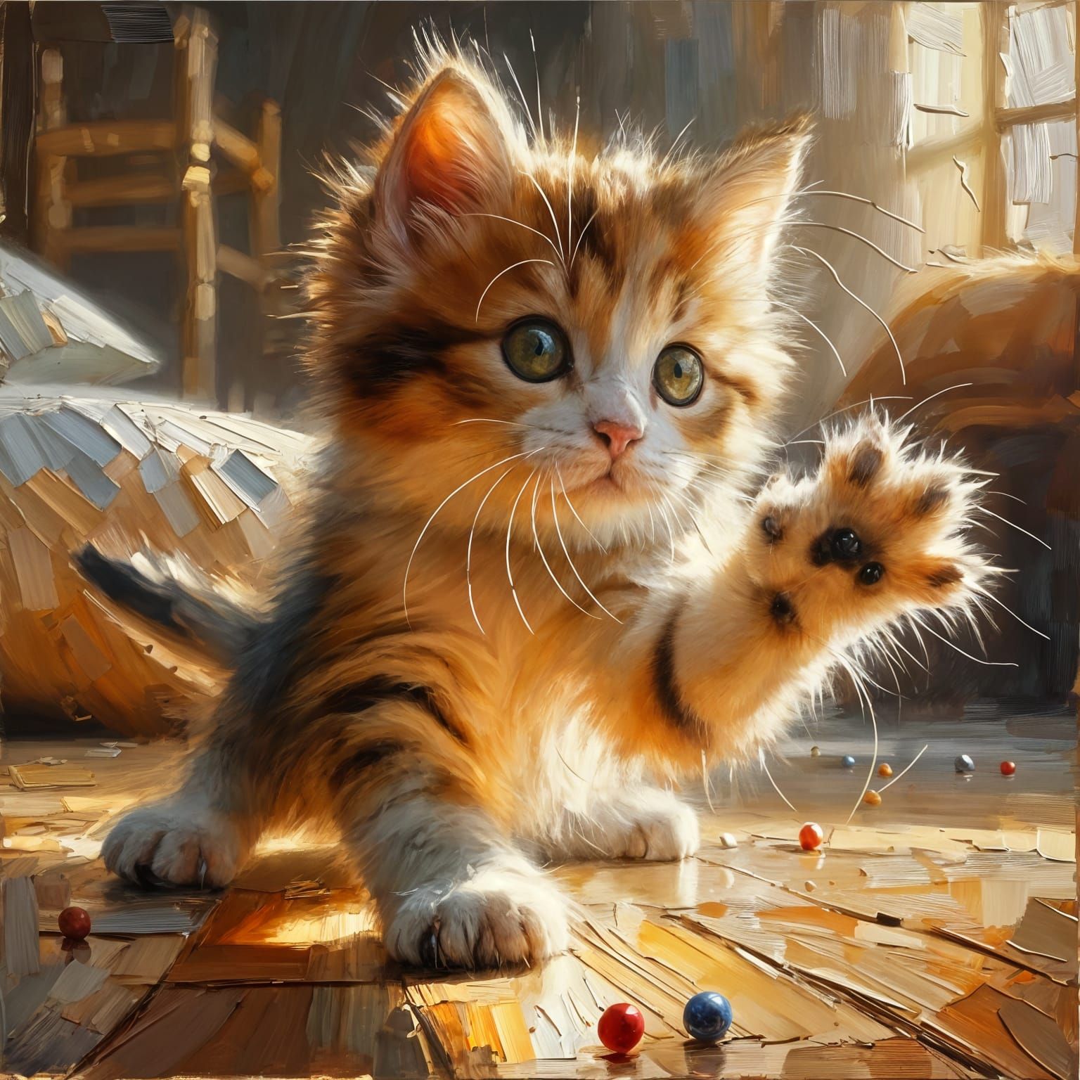 Playful Kitten in Warm Light, Oil Painting