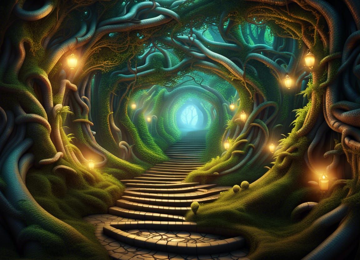 fantasy: An enchanted forest maze with walls made of mystical swirling ...