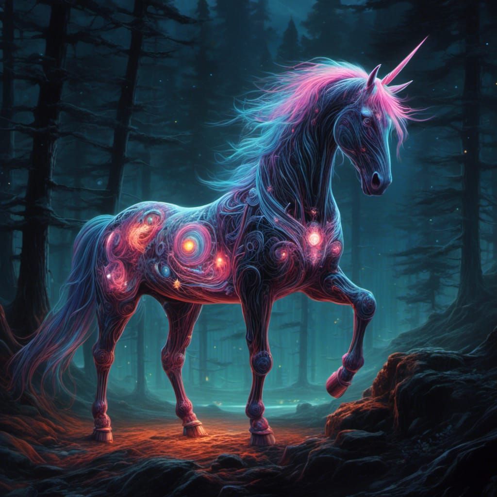 <lora:Deus Ex Machina:1.0> A glowing unicorn in a dark landscape 