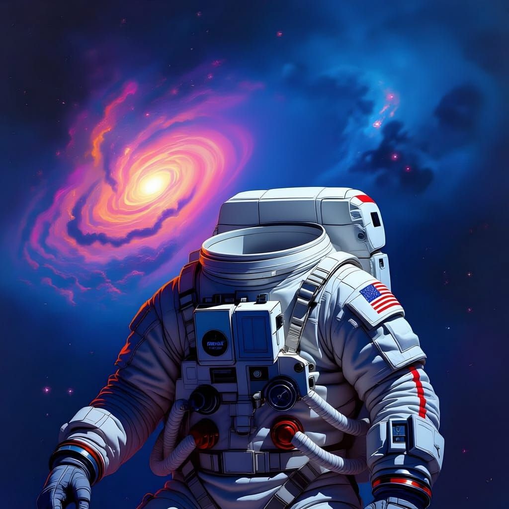 A lone astronaut adrift in a nebula, their helmet reflecting a distant, swirling galaxy. The suit is weathered, showing signs of a long jour...