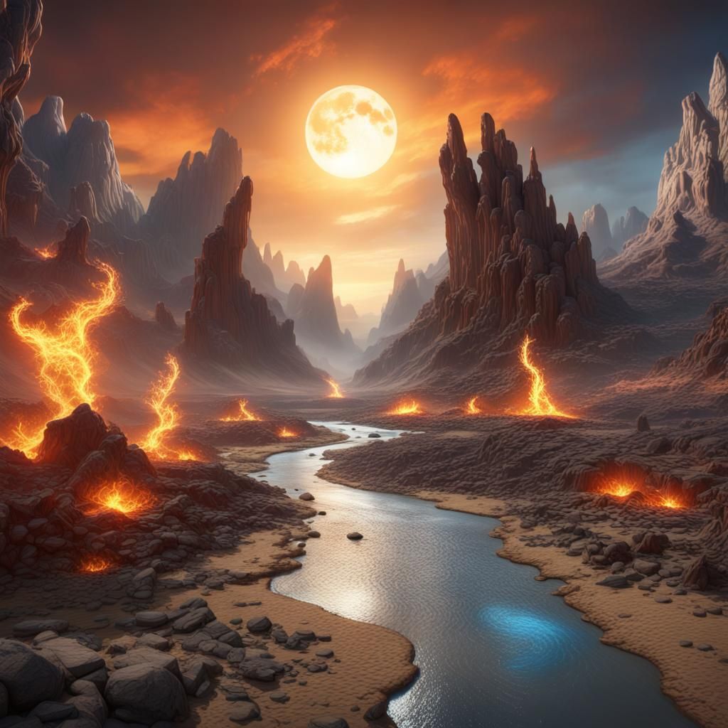 Fire, water, earth, air, sun and moon, dry riverbed