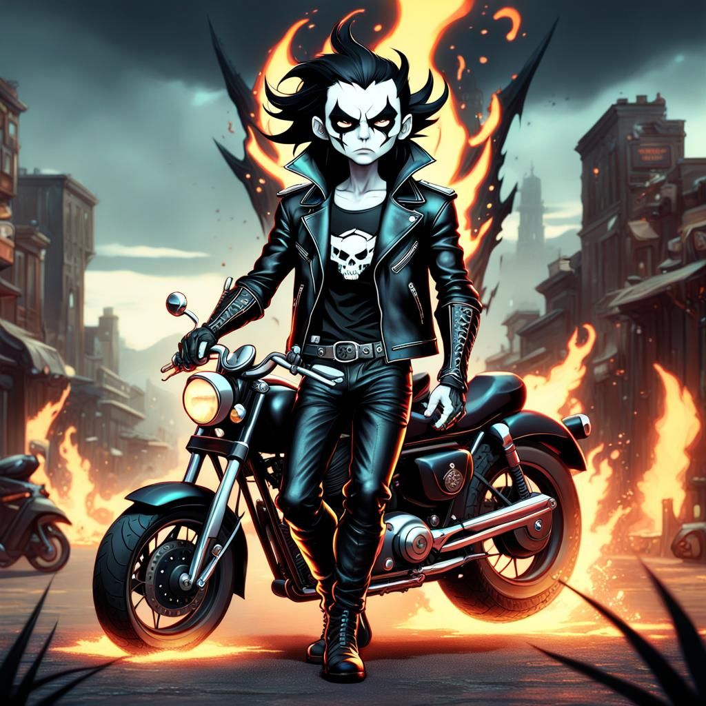 Vivziepop style. Young demon man in black leather. Cute. Whi...