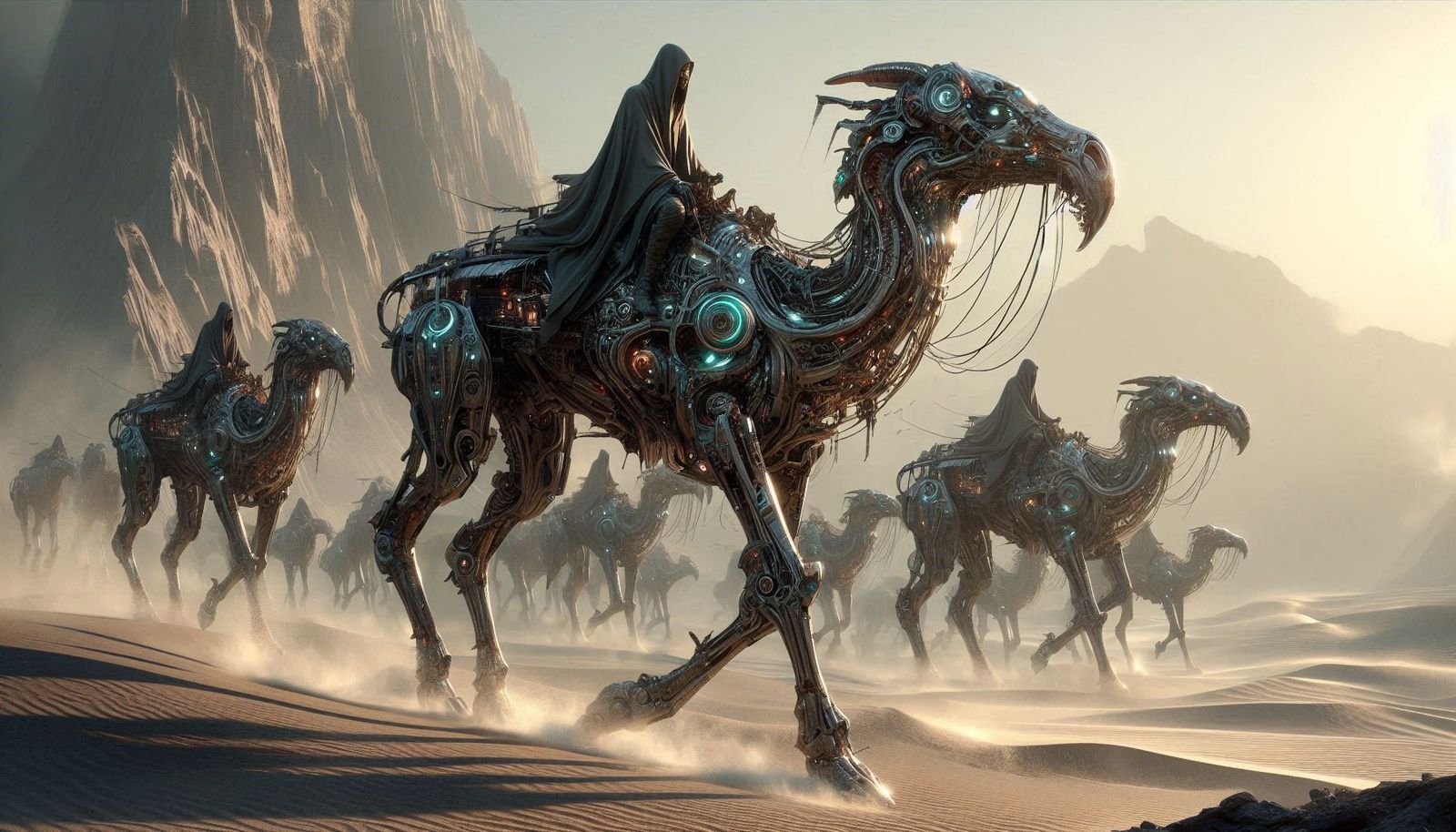 A futuristic caravan traverses