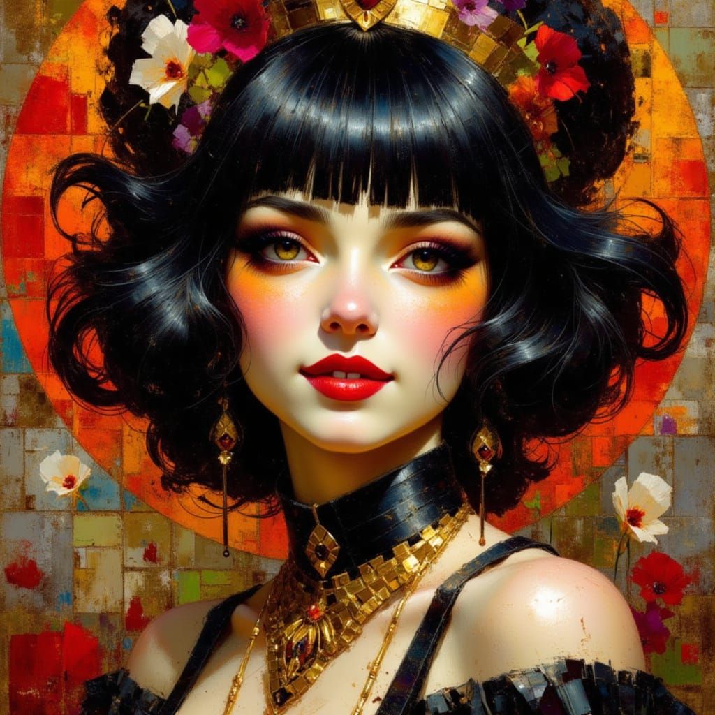 Queen Punk female smiling, black hair bangs, red lip stick, dark red gold dress, pretty face, pretty features, breathtaking beauty, realisti...