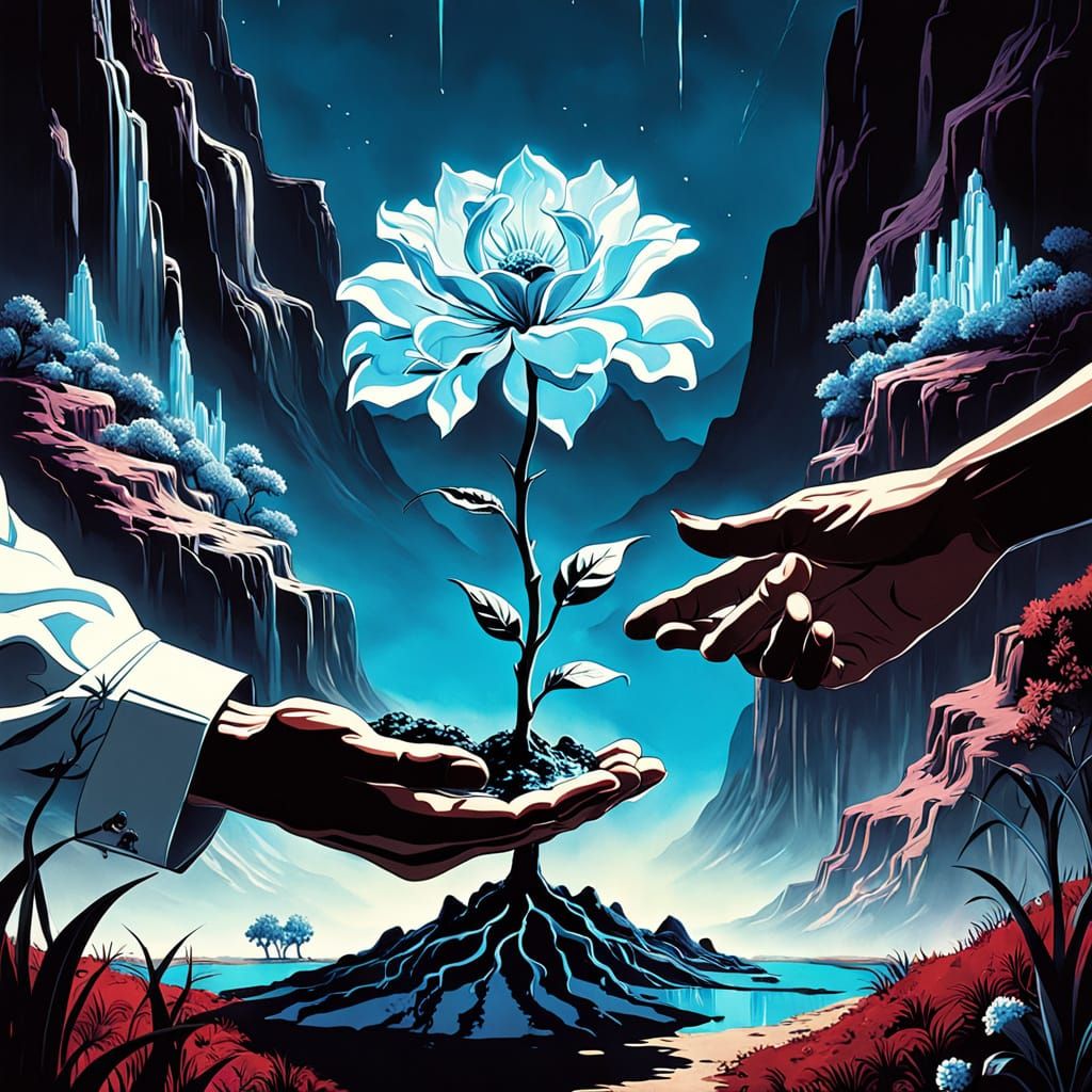 Surreal Hands Hold Bioluminescent Plant in Vibrant Valley