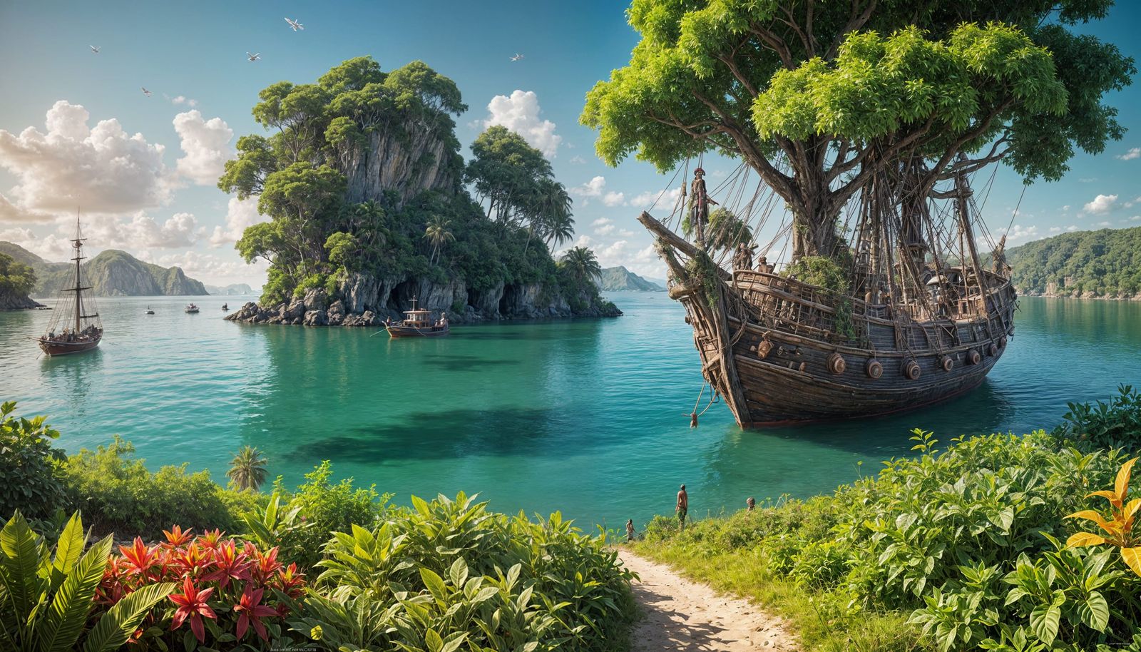 (paisaje de una isla donde desembarcan varios piratas) El mundo vegetal produce el alimento y el oxígeno ...  by @TONO