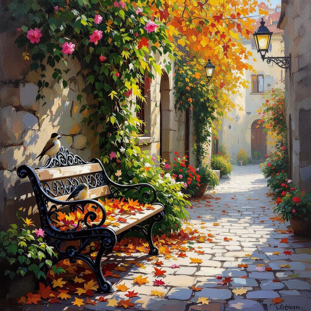 Vibrant Oil Painting of an Old Stone Street Scene