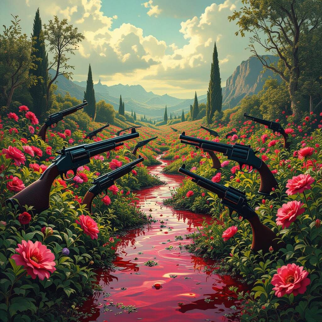 Surreal Garden of Guns: A Vivid Salvador Dali-esque Landscap...