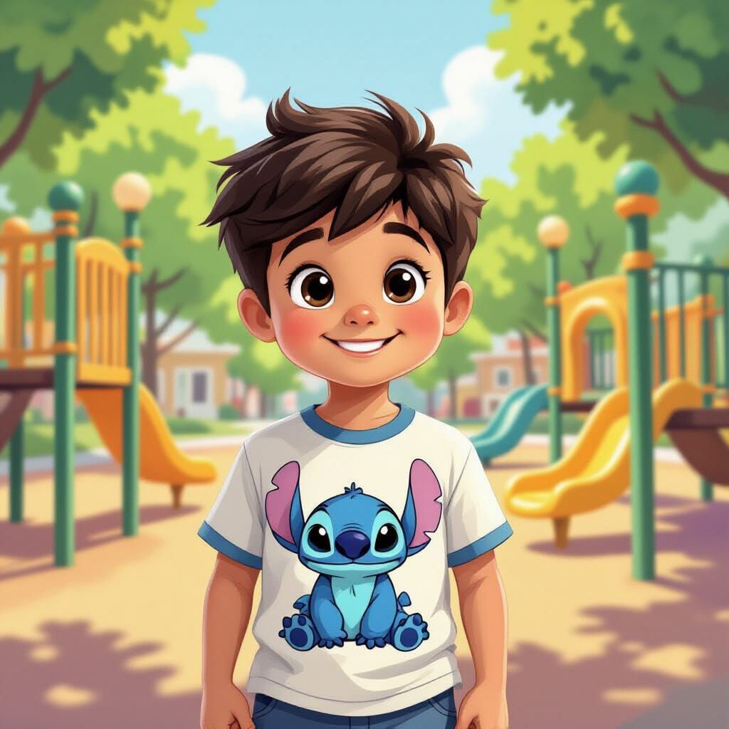 Joyful Boy in Stitch T-Shirt at Sunlit Playground