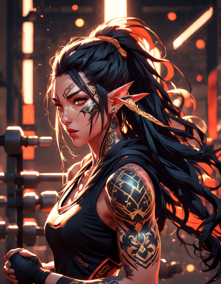 Elegant Athlete Elf in Vibrant Gym Scene