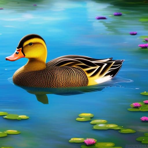 Adorable duck swimming in a bright blue pond