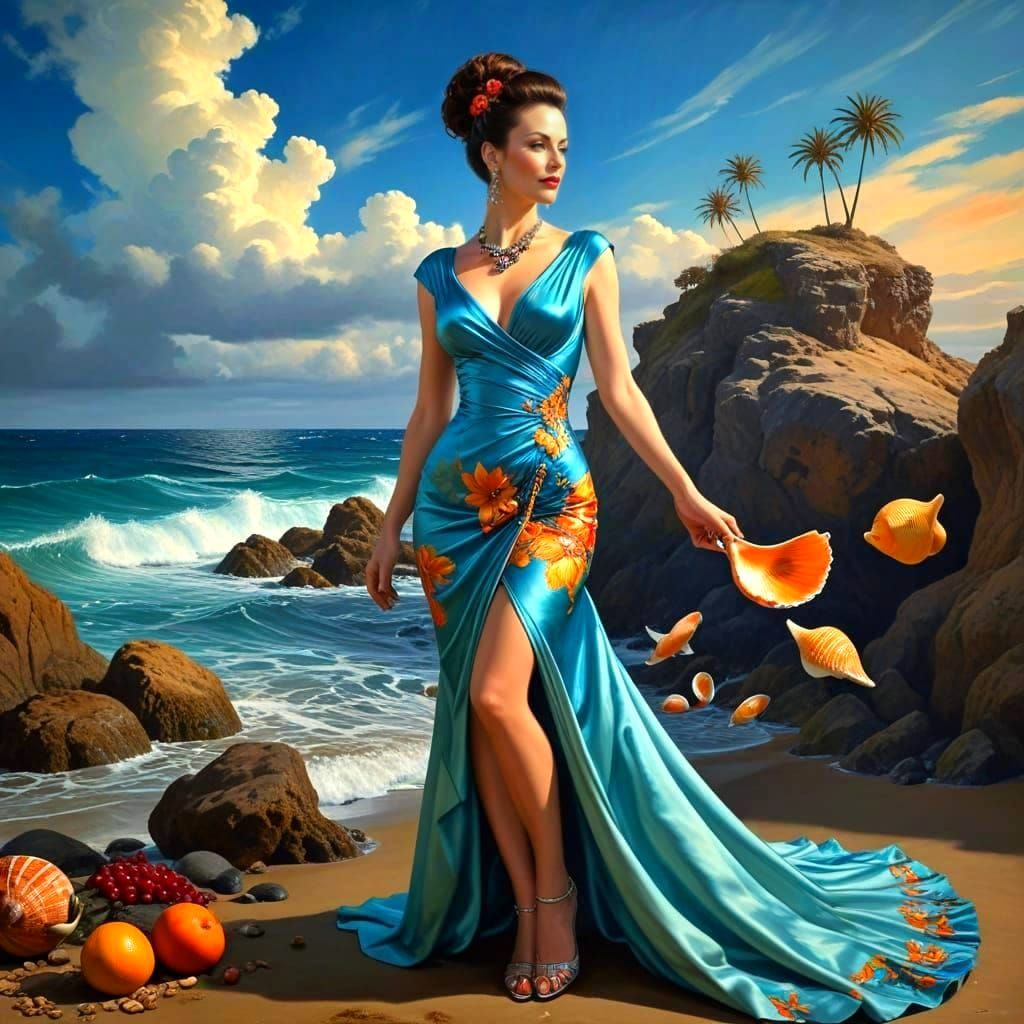 Surrealistic Portrait of a Happy Lady in Exotic Haute Coutur...