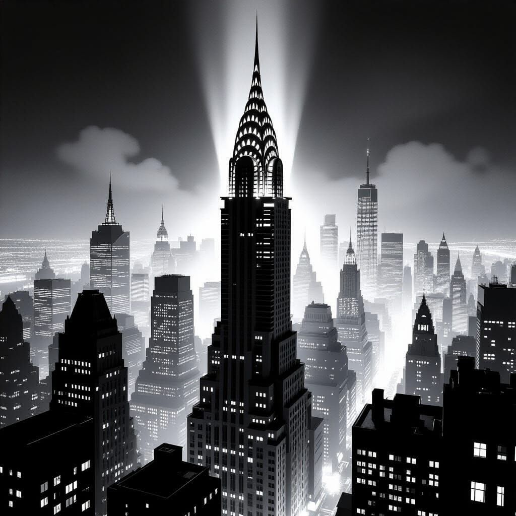 Schizzo in bianco e nero di uno Skyline cittadino, sfondo nero, un alto palazzo che ricorda il Chrysler building svetta ...