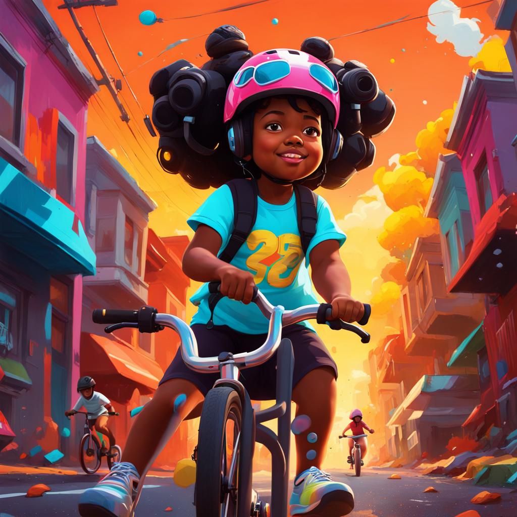 a fat little black adolescent girl riding bikes with a helmet through the neighborhood. graffiti art, splash art, street art, spray paint, o...